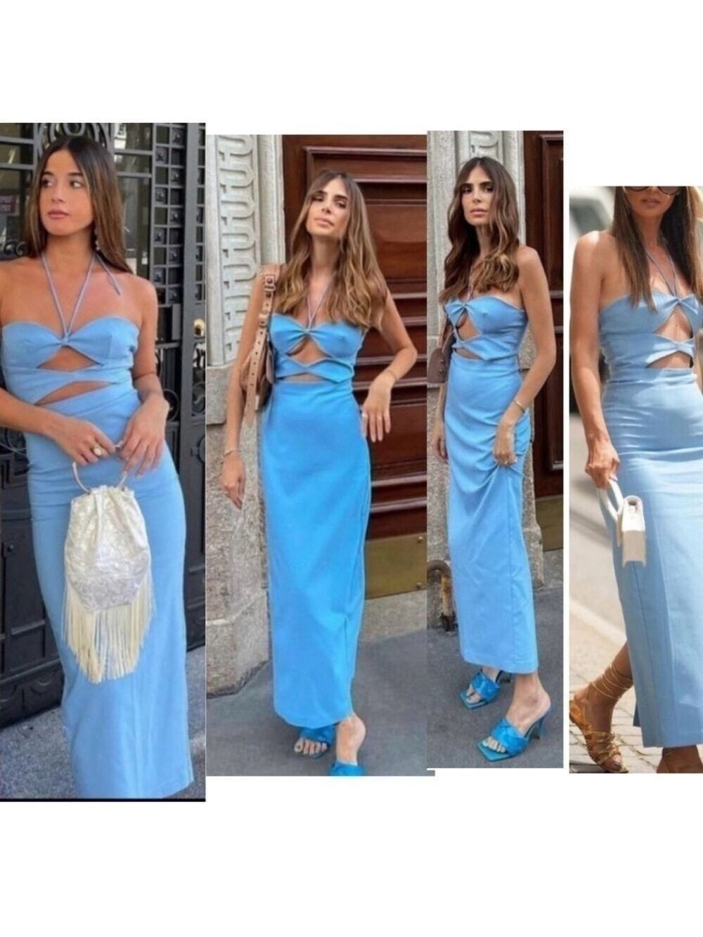 Zara blue cut-out halter top bodycon midi dress Sz L NWOT bloggers fave